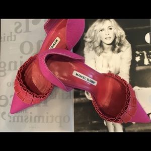 Manolo Blahnik pink canvas ruffle pumps